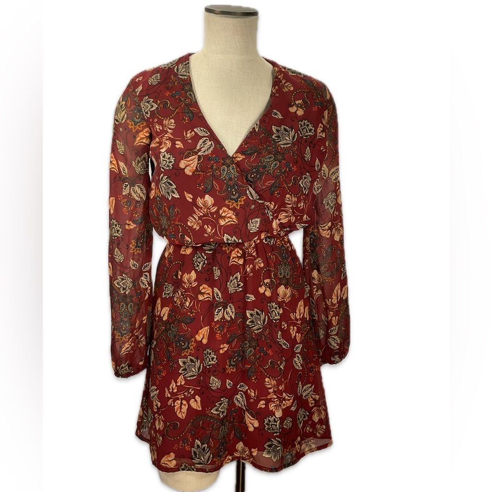 🍂 Charlotte Russe Burgundy Floral Long Sleeve Dress XS GUC